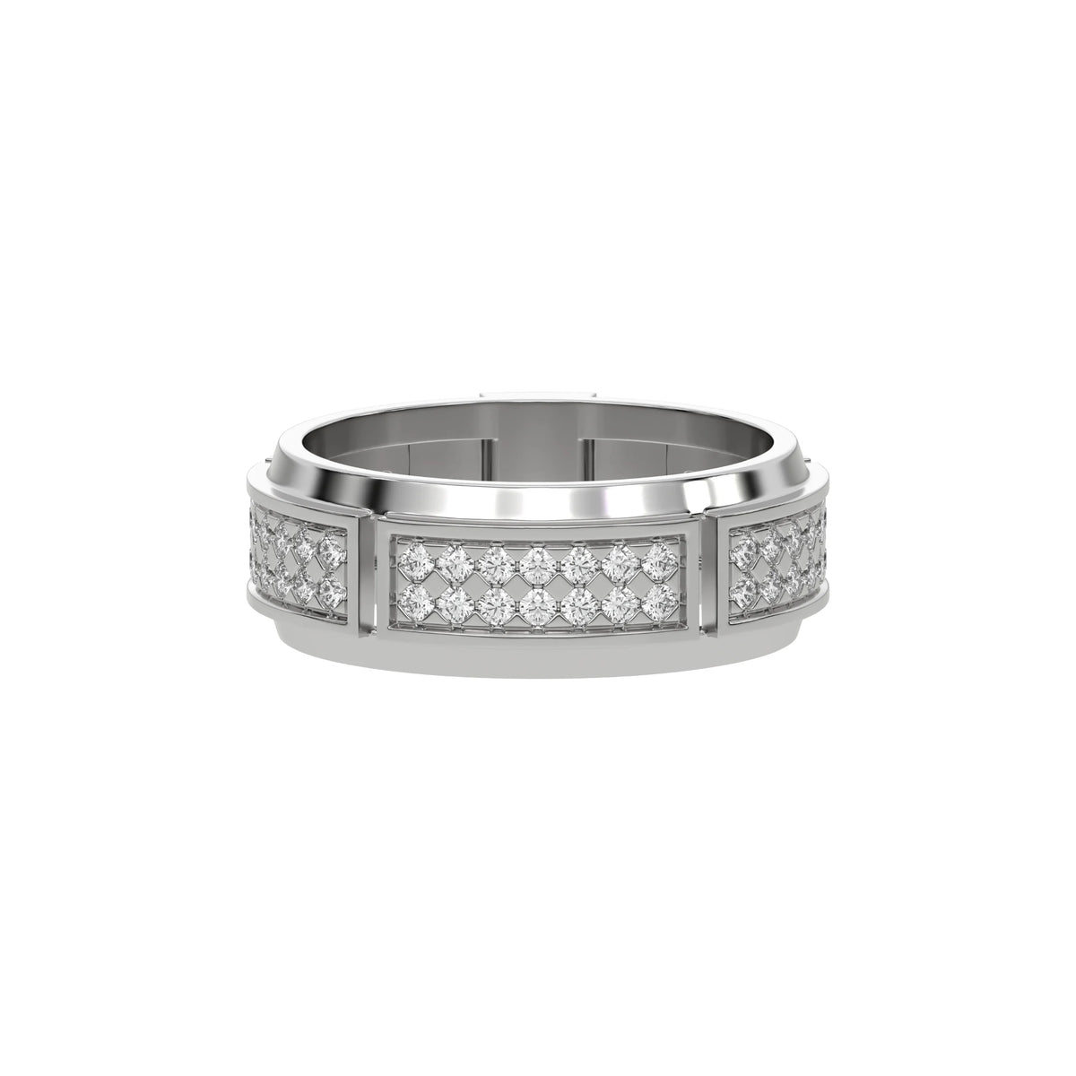 14K White Gold Mens Two Row Diamond Ring 