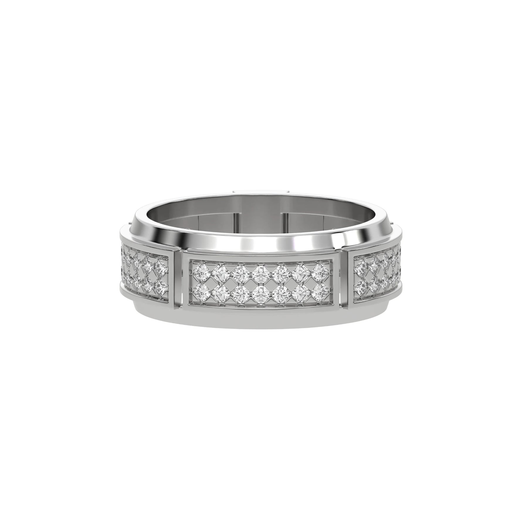 14K White Gold Mens Two Row Diamond Ring 