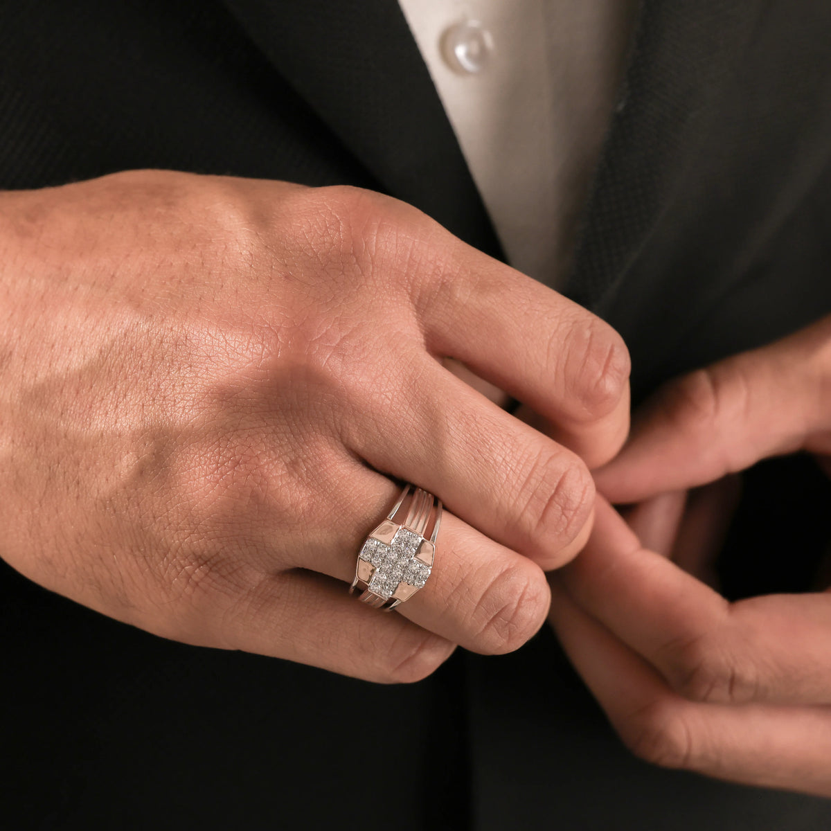 Mens Two Tone Cross Round Diamond Ring