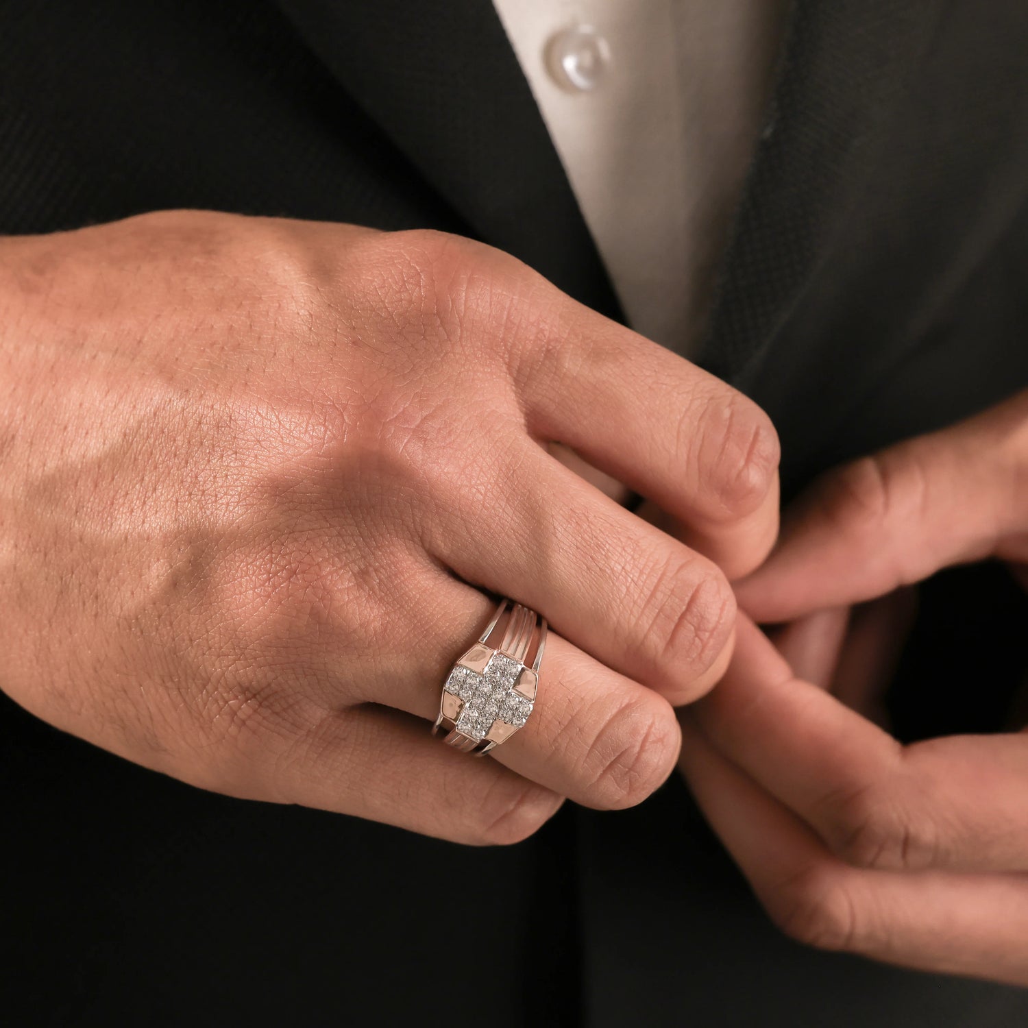 Mens Two Tone Cross Round Diamond Ring