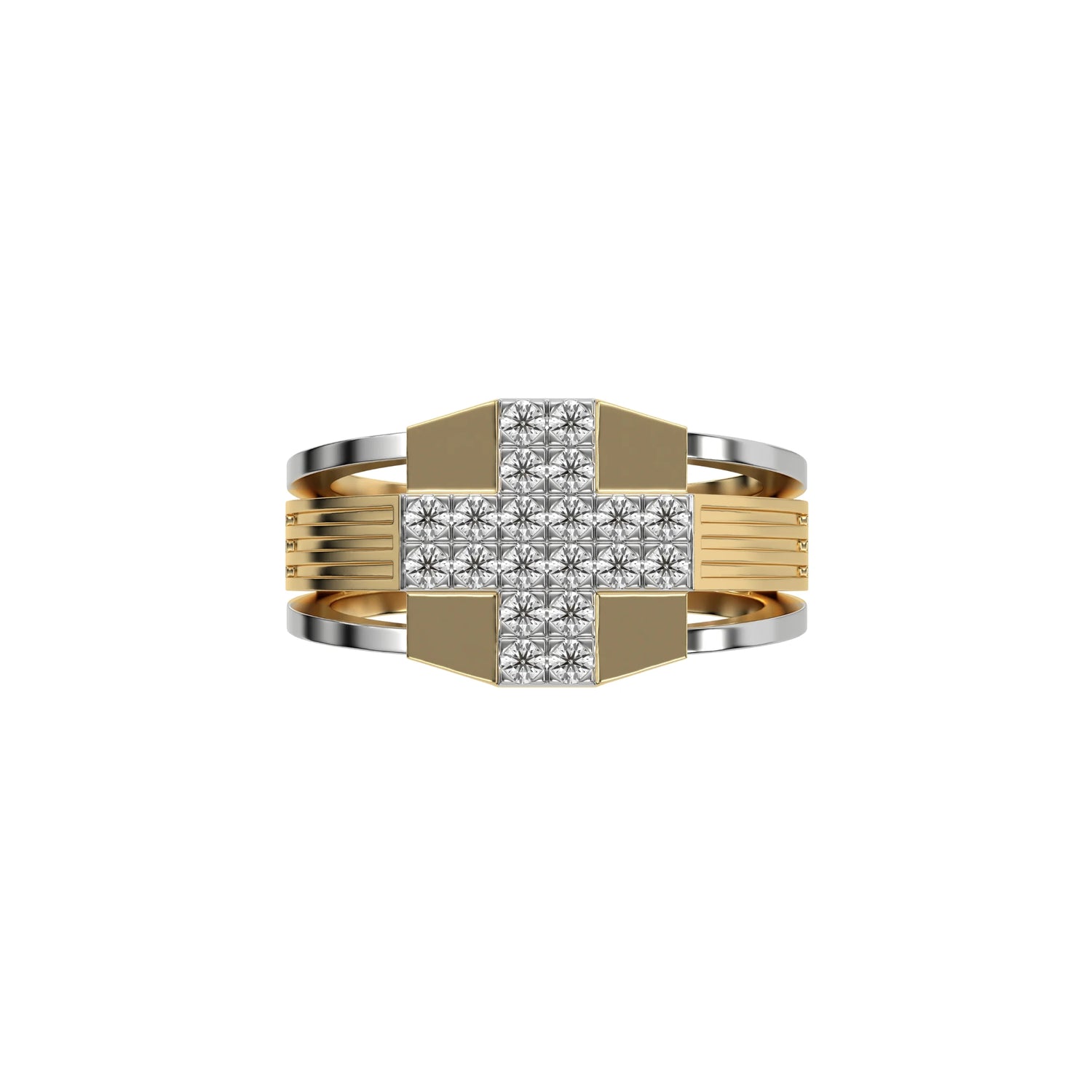 14K Yellow Gold Two Tone Cross Round Diamond Mens Ring