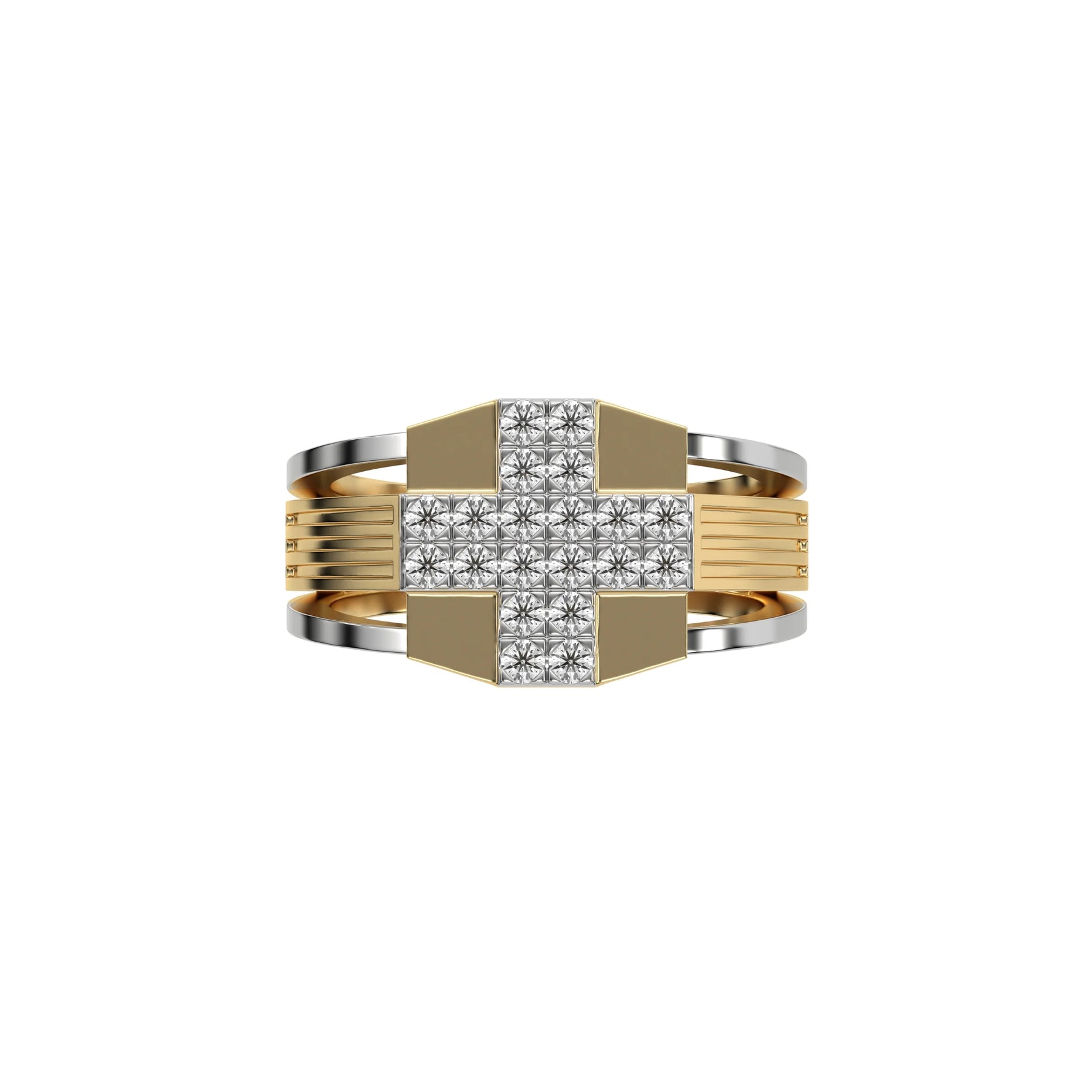 14K Yellow Gold Two Tone Cross Round Diamond Mens Ring