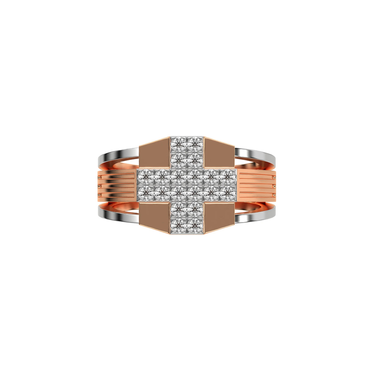 14K Rose Gold Two Tone Cross Round Diamond Mens Ring