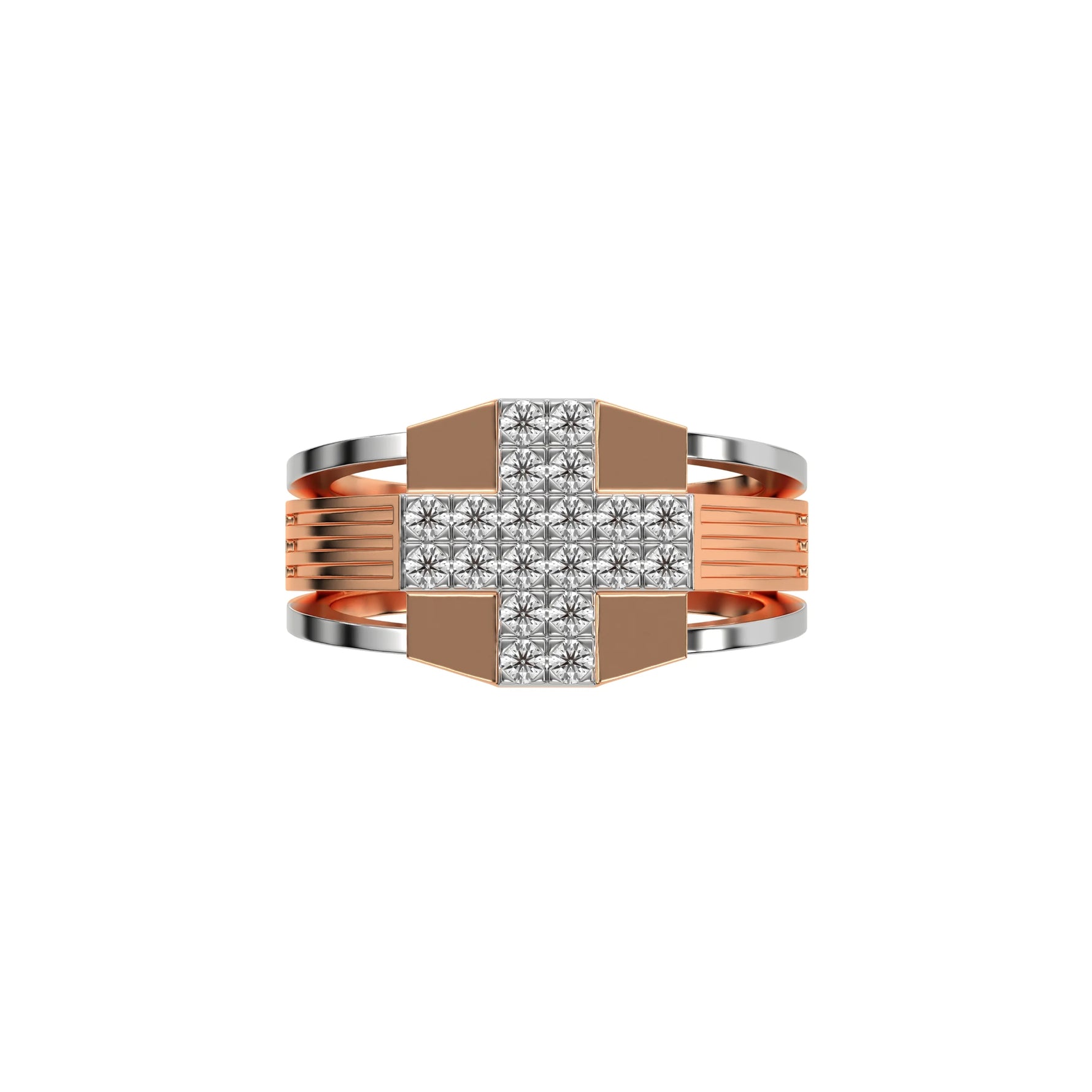 14K Rose Gold Two Tone Cross Round Diamond Mens Ring