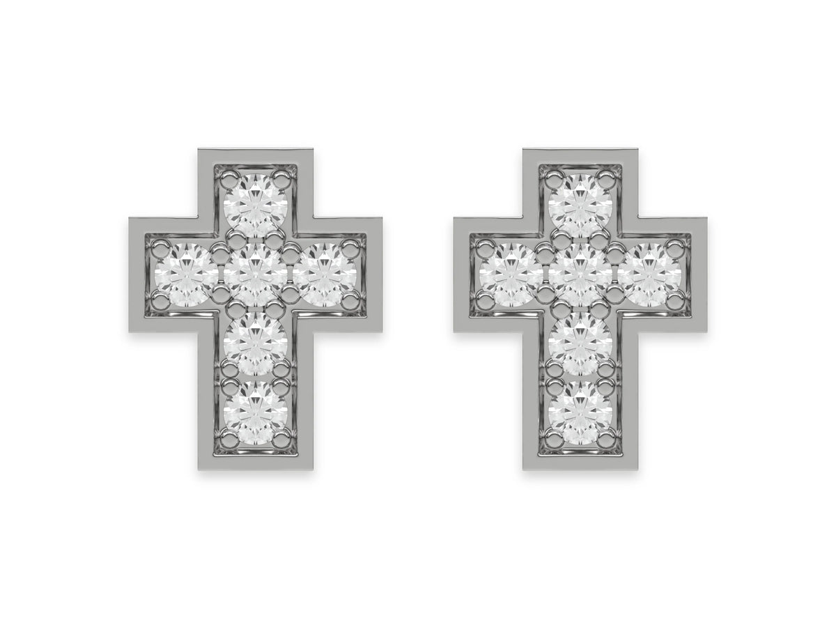18k white gold round cut diamond cross stud earrings set in pave setting.