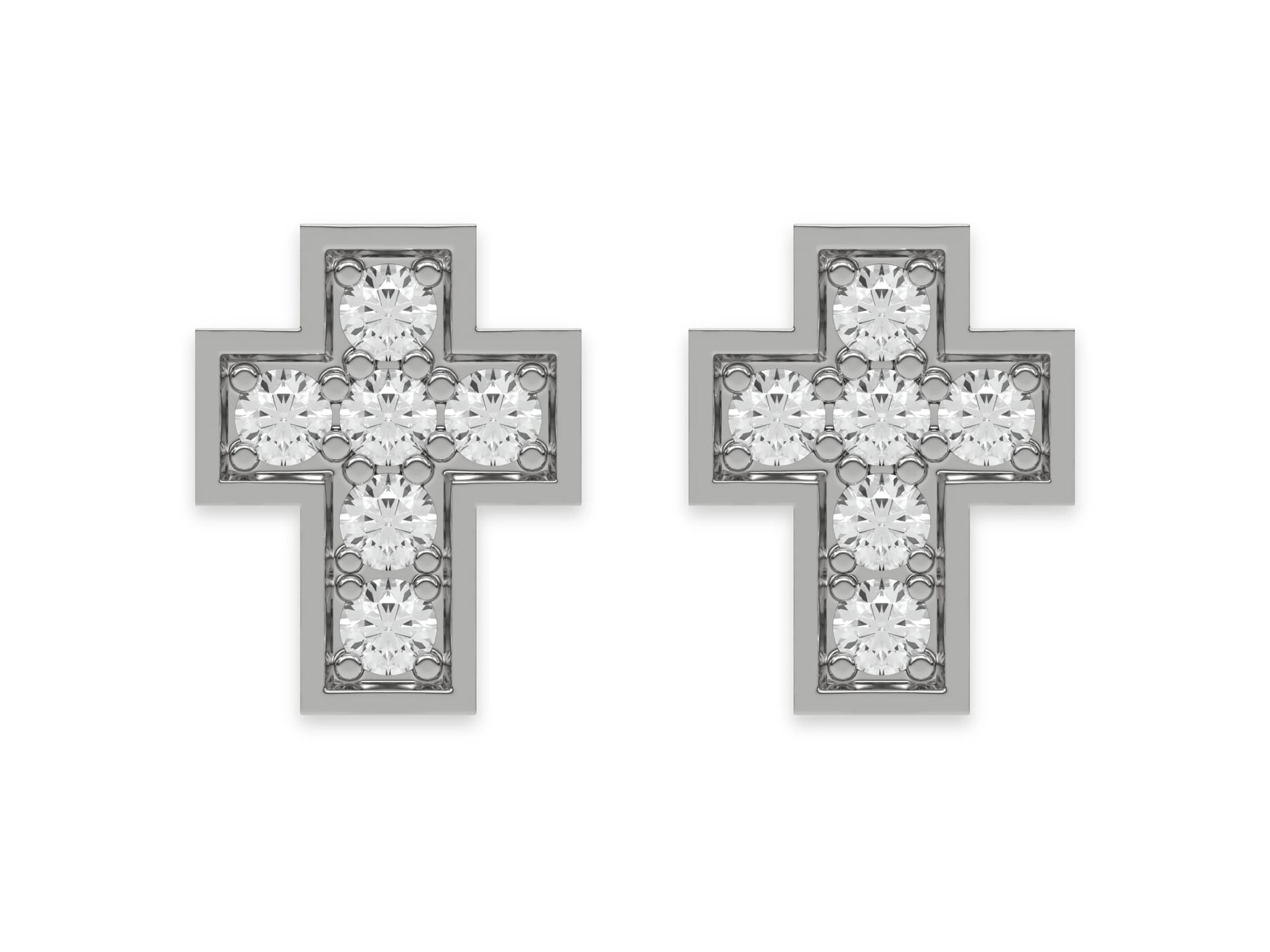 18k white gold round cut diamond cross stud earrings set in pave setting.