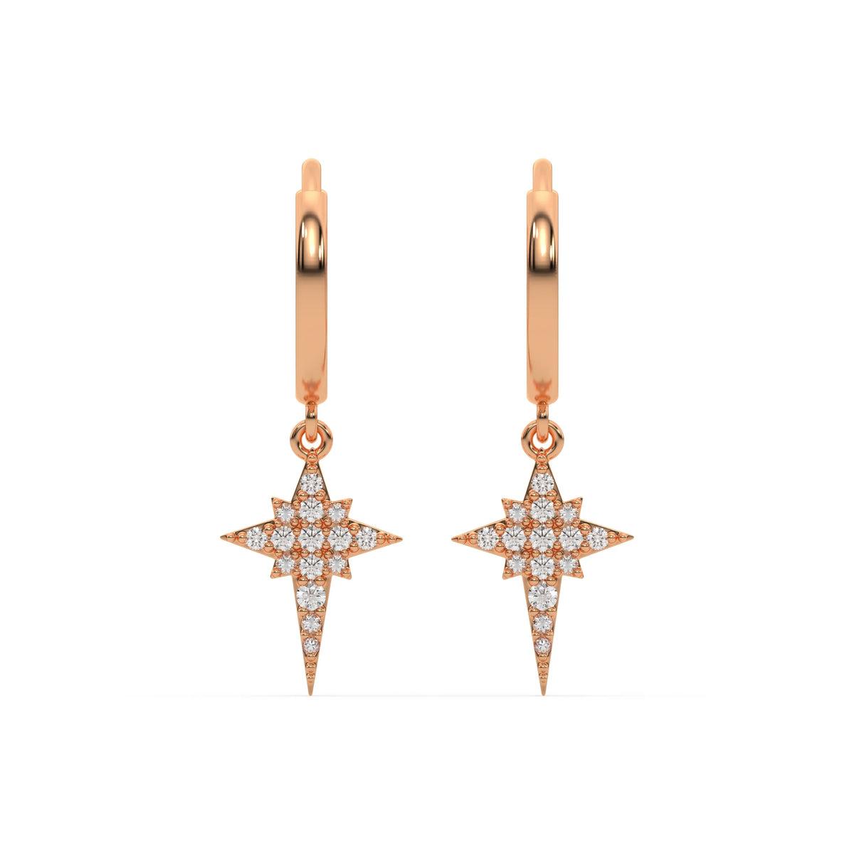18k rose gold natural round diamond star hoop earrings