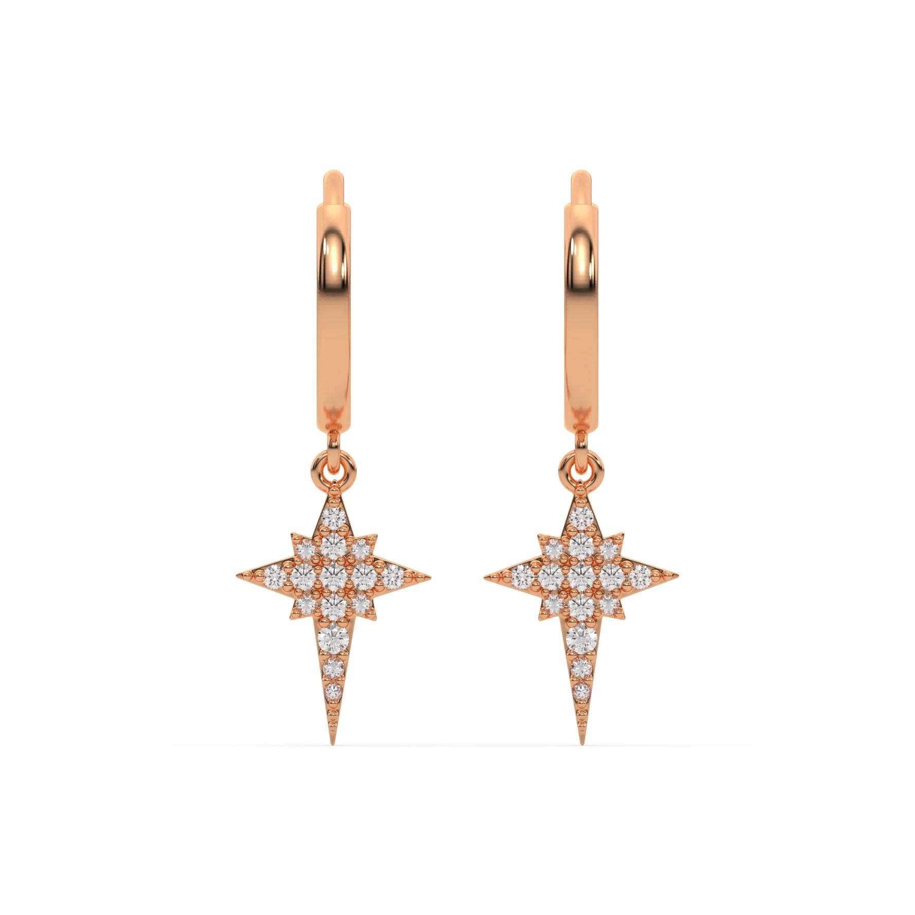 18k rose gold natural round diamond star hoop earrings