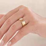 18K Yellow gold open ring with oval and round diamonds in a thick band cuff wedding band