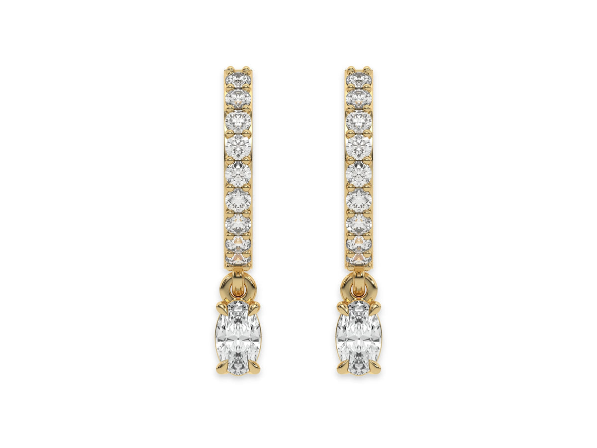 14k yellow gold dangling oval diamond hoop earrings with round brilliant cut diamonds in prong setting in hoop.