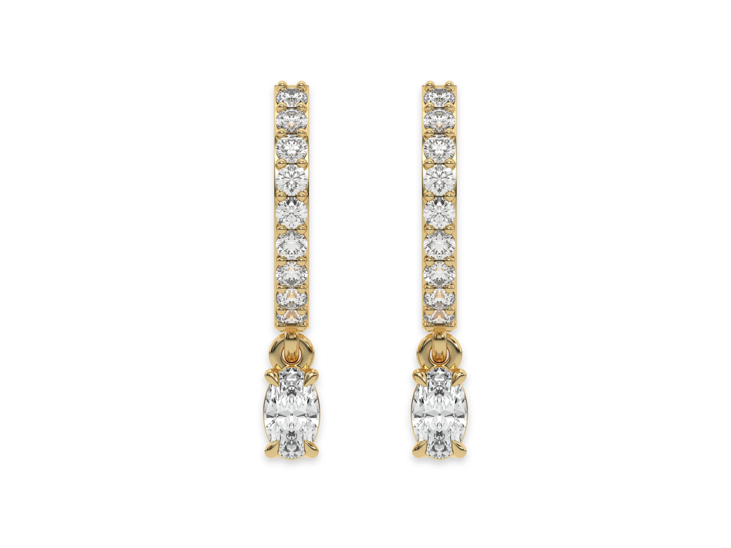 14k yellow gold dangling oval diamond hoop earrings with round brilliant cut diamonds in prong setting in hoop.