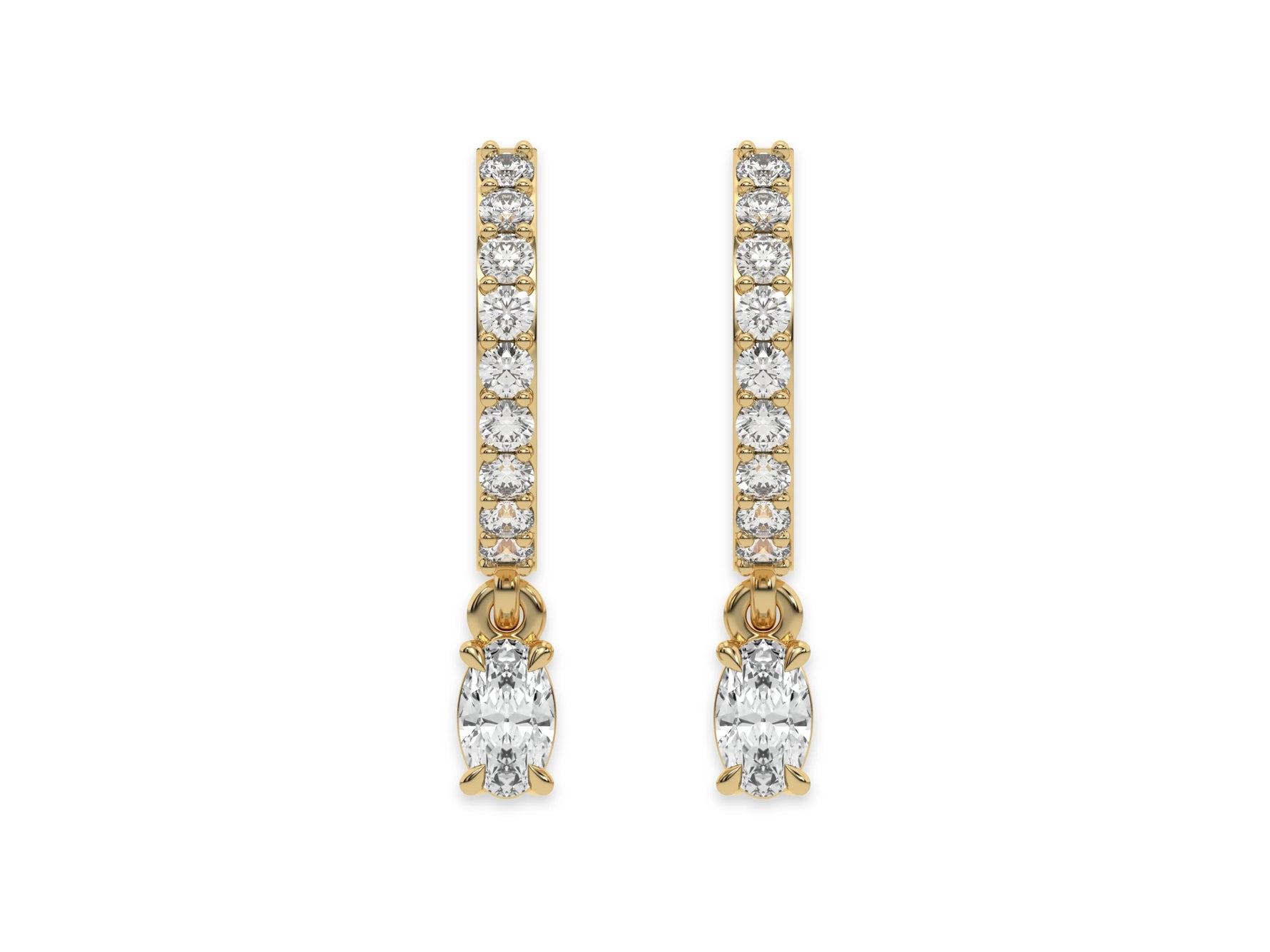 14k yellow gold dangling oval diamond hoop earrings with round brilliant cut diamonds in prong setting in hoop.