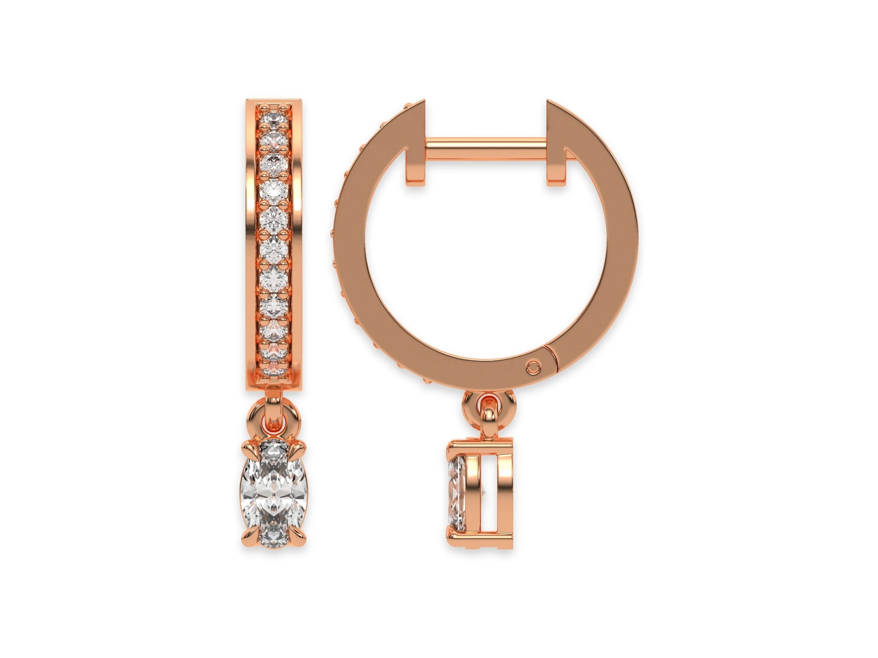 18k rose gold dangling oval diamond hoop earrings with round brilliant cut diamonds in pave setting in hoop.