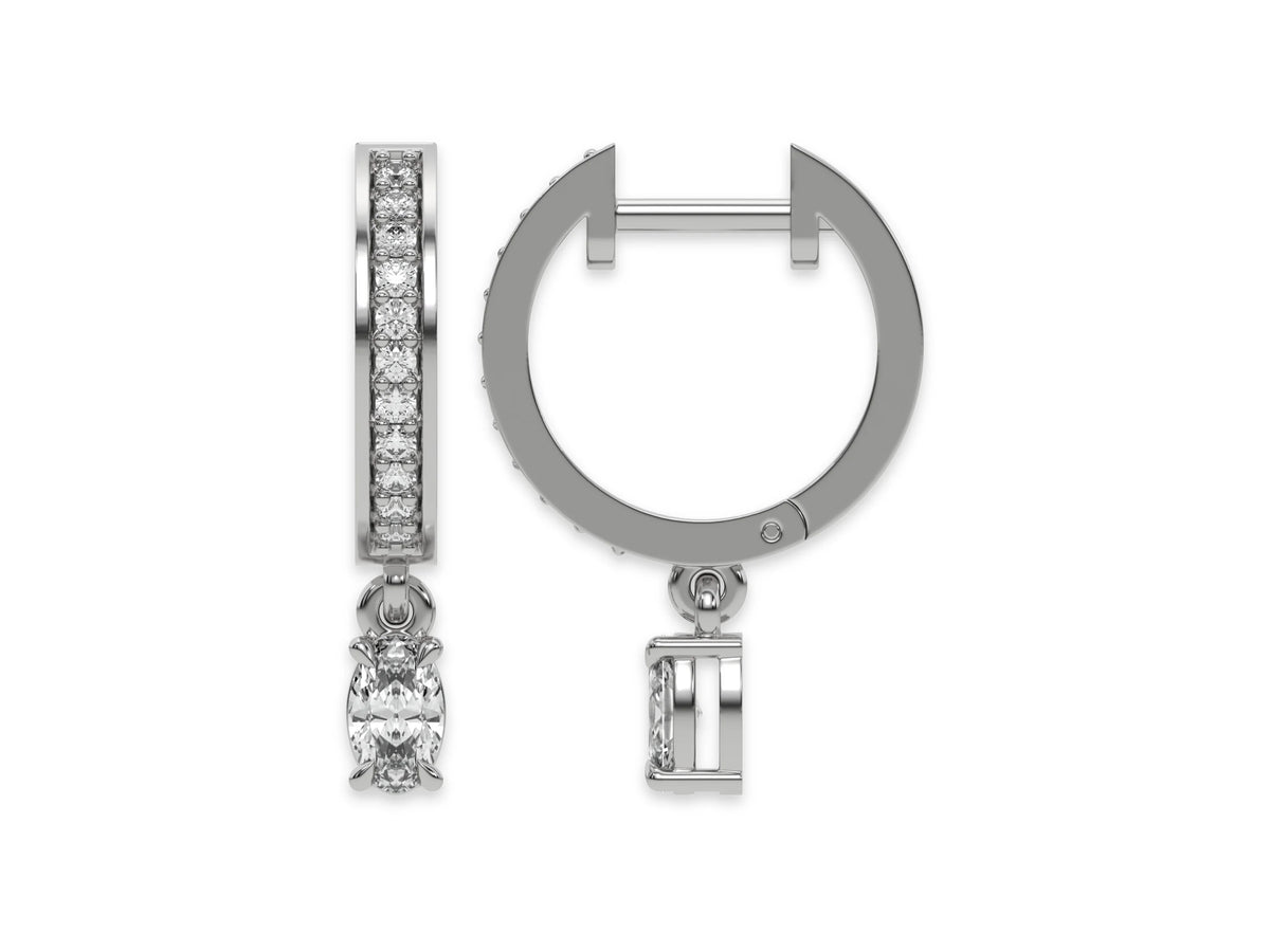 18k white gold dangling oval diamond hoop earrings with round brilliant cut diamonds in pave setting in hoop.