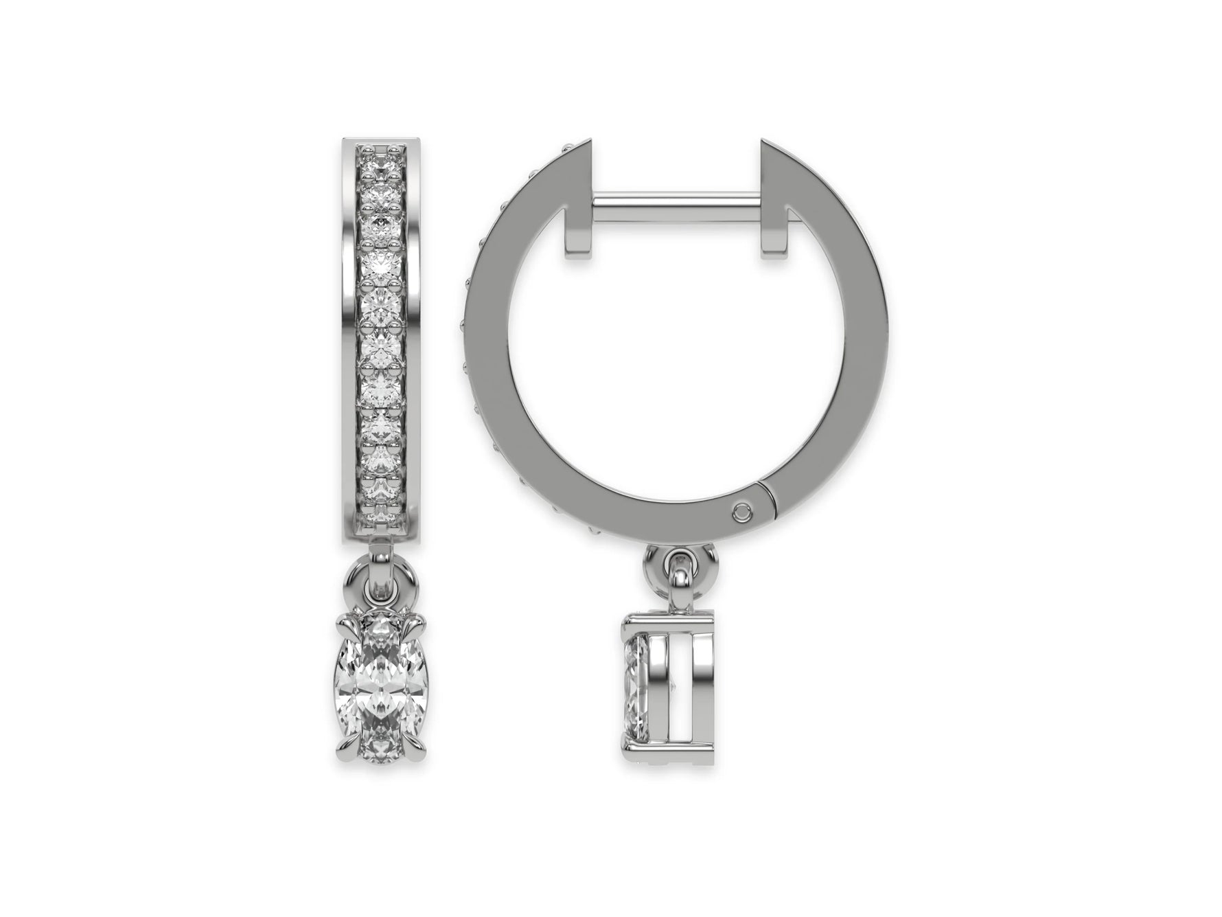 18k white gold dangling oval diamond hoop earrings with round brilliant cut diamonds in pave setting in hoop.