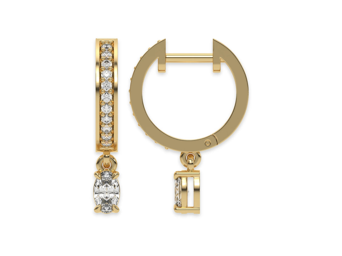 18k yellow gold dangling oval diamond hoop earrings with round brilliant cut diamonds in pave setting in hoop.