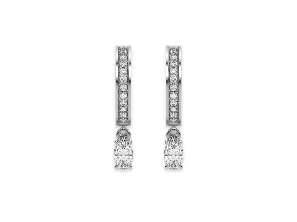 18k white gold dangling oval diamond hoop earrings with round brilliant cut diamonds in pave setting in hoop.