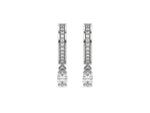 18k white gold dangling oval diamond hoop earrings with round brilliant cut diamonds in pave setting in hoop.