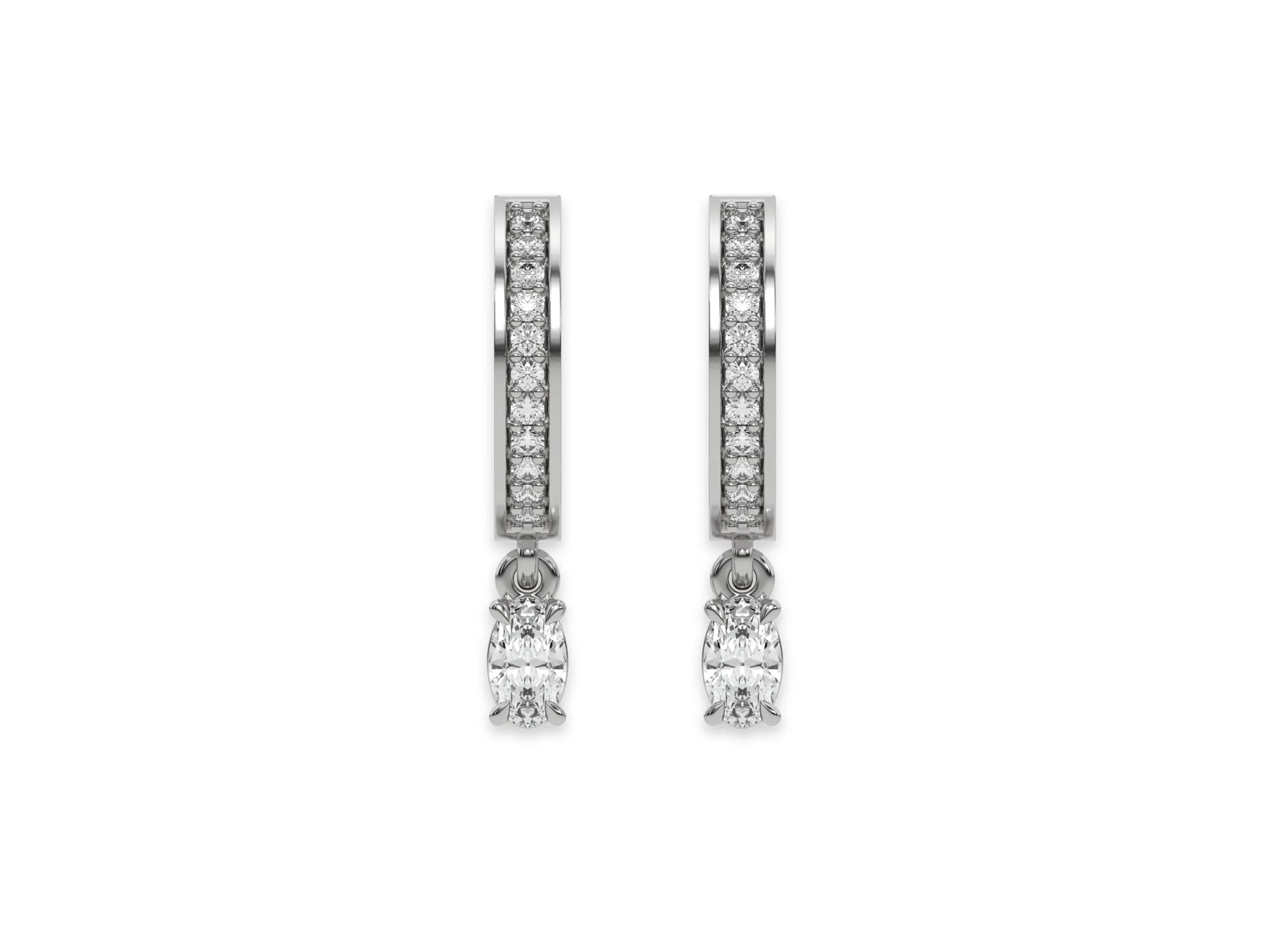 18k white gold dangling oval diamond hoop earrings with round brilliant cut diamonds in pave setting in hoop.
