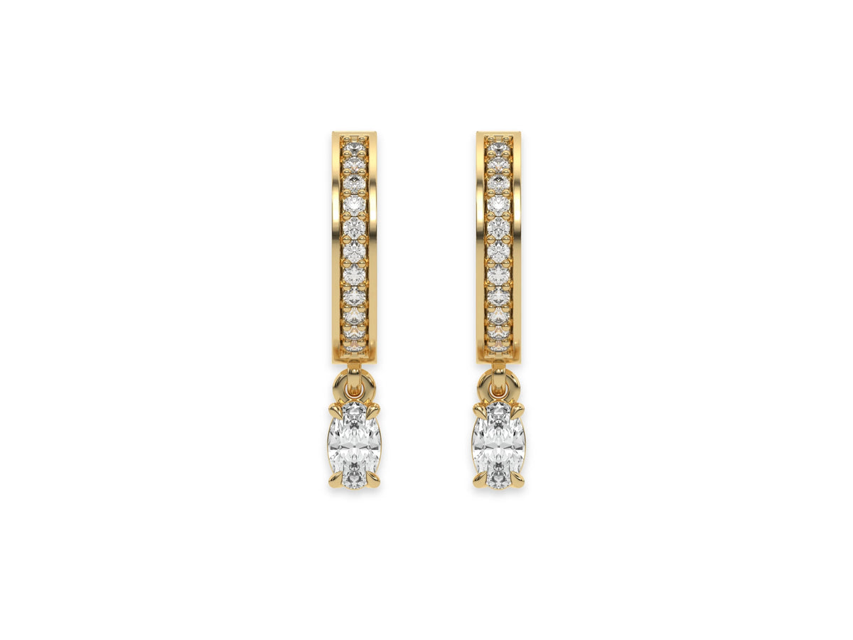 18k Yellow gold dangling oval diamond hoop earrings with round brilliant cut diamonds in pave setting in hoop.