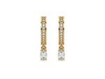 18k Yellow gold dangling oval diamond hoop earrings with round brilliant cut diamonds in pave setting in hoop.