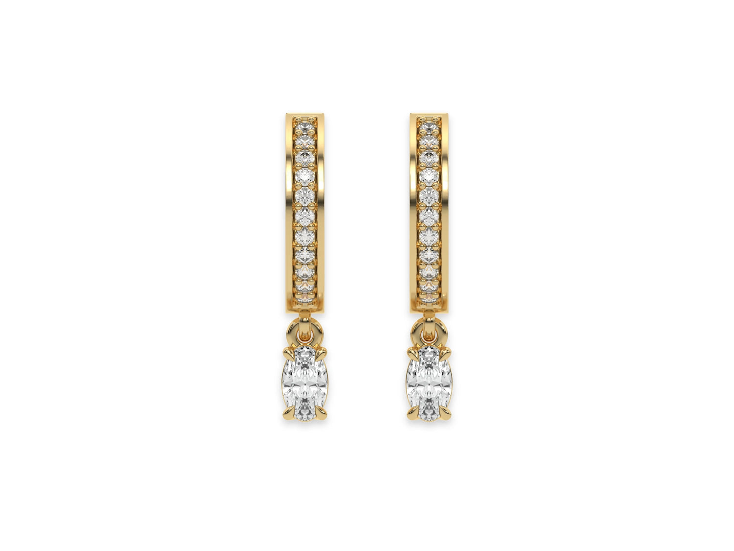 18k Yellow gold dangling oval diamond hoop earrings with round brilliant cut diamonds in pave setting in hoop.