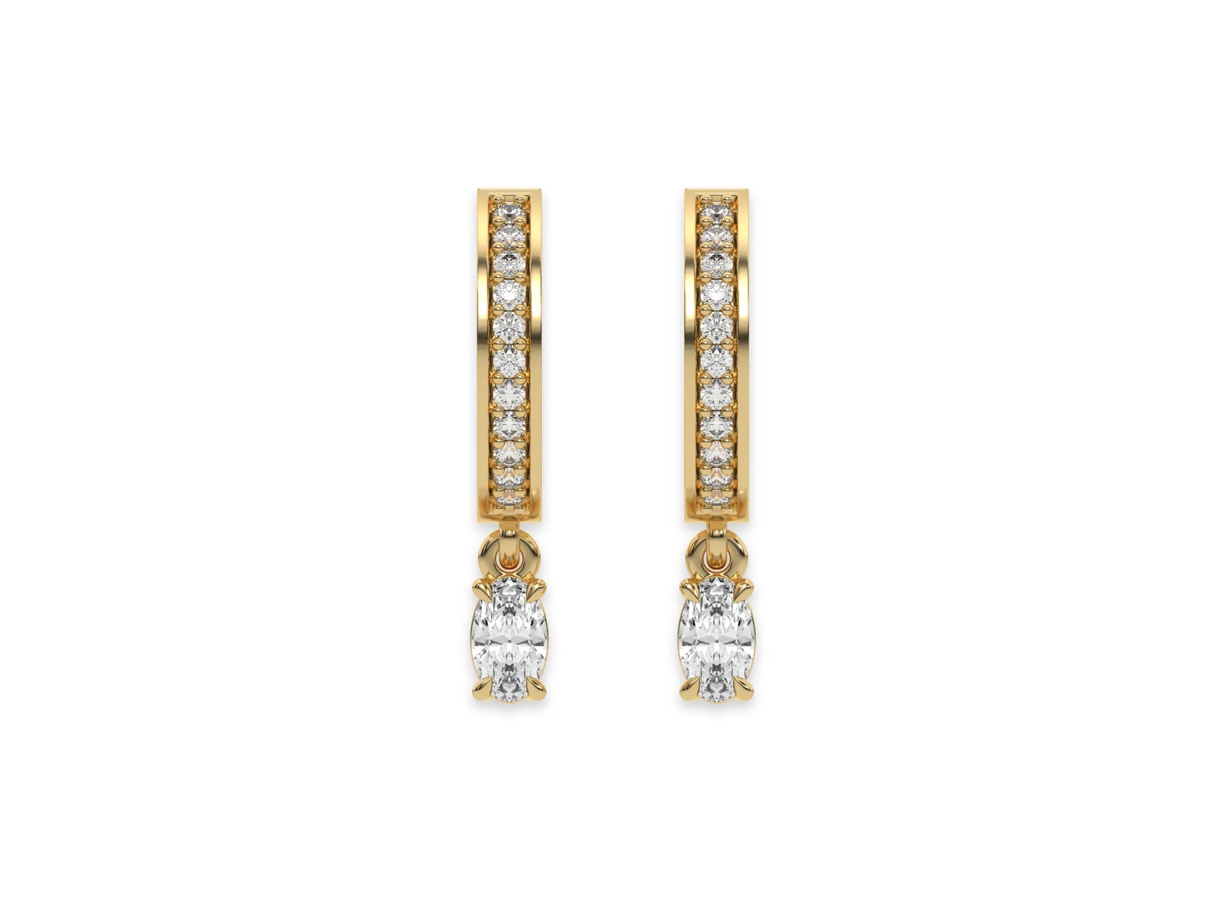 18k Yellow gold dangling oval diamond hoop earrings with round brilliant cut diamonds in pave setting in hoop.