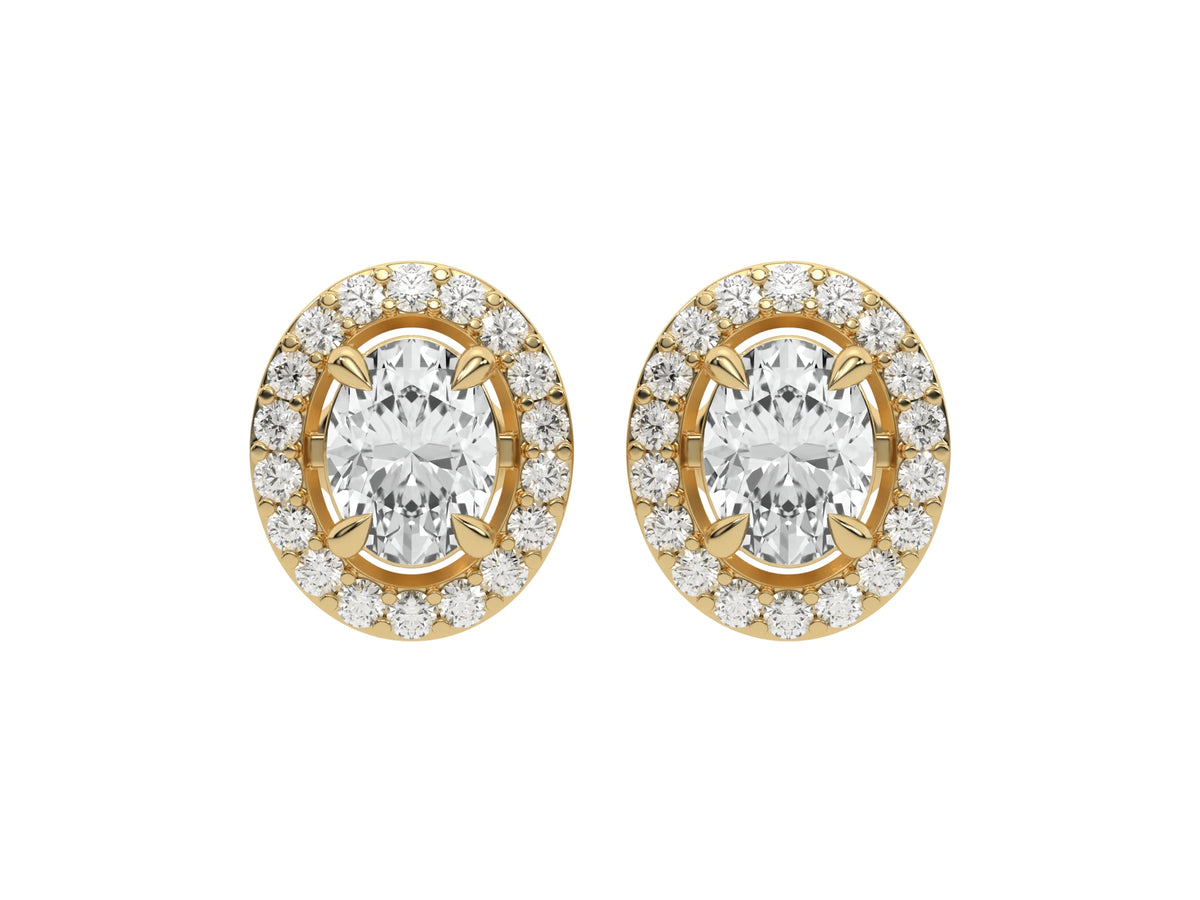 1 CT 18k Yellow gold Oval cut Diamond Halo stud Earrings set in a four prong setting
