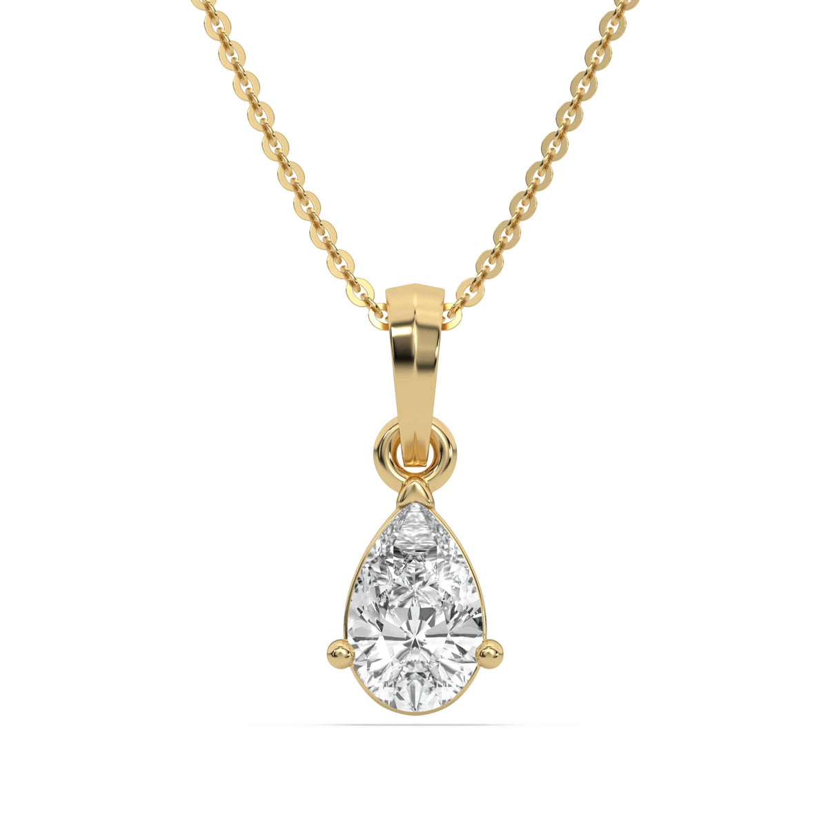 Solitaire pear diamond necklace with a prong-set teardrop diamond on a fine yellow gold chain with a white background.