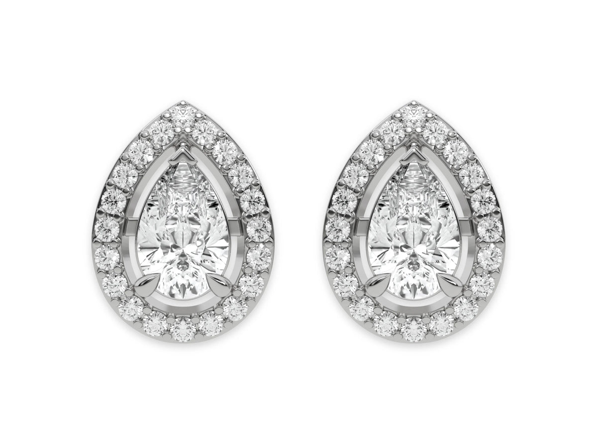 18k white gold natural Pear Diamond Halo solitaire earrings set in a four prong setting 