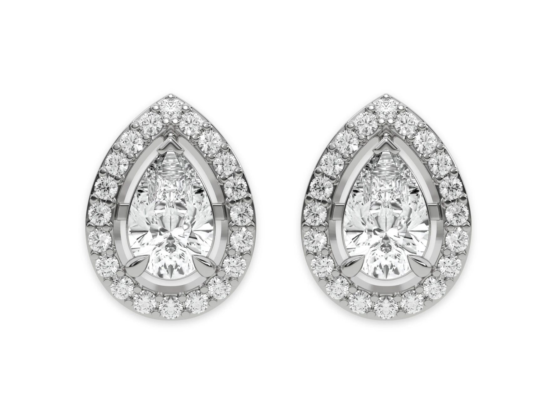 18k white gold natural Pear Diamond Halo solitaire earrings set in a four prong setting 
