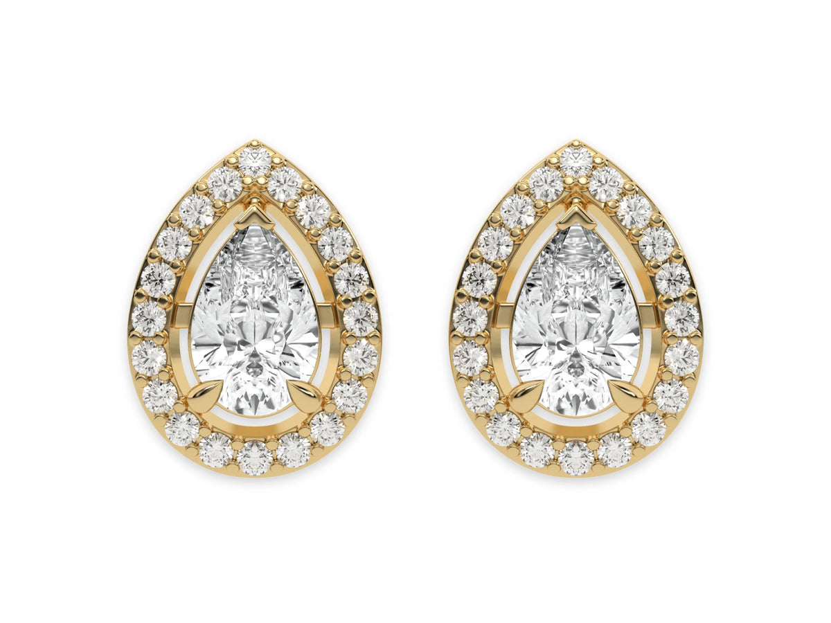 10k yellow gold Pear shaped Diamond Halo solitaire Earrings set in a four prong setting