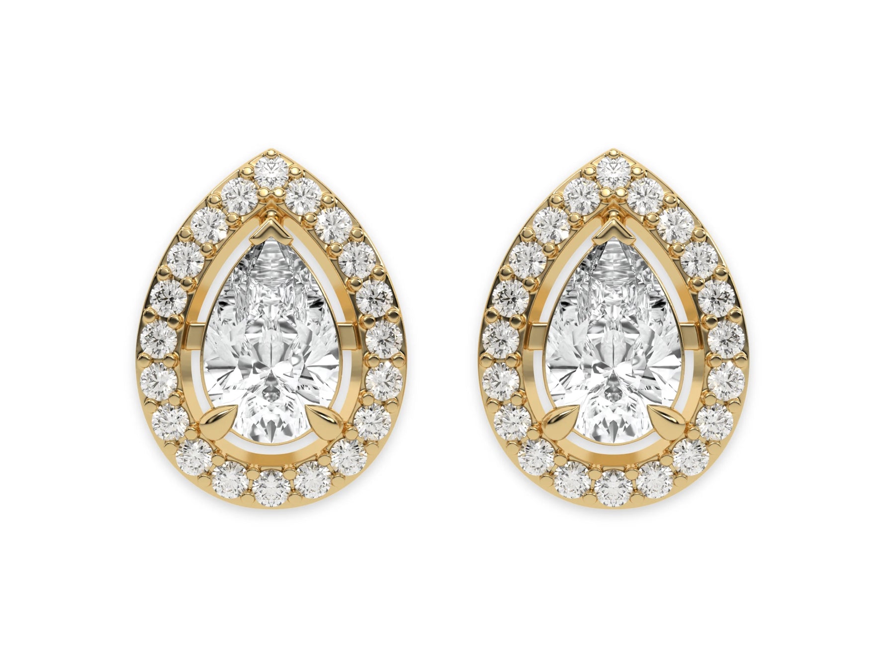 10k yellow gold Pear shaped Diamond Halo solitaire Earrings set in a four prong setting