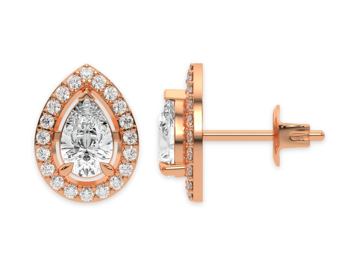 18k rose gold Pear shaped Diamond Halo solitaire Earrings set in a four prong setting