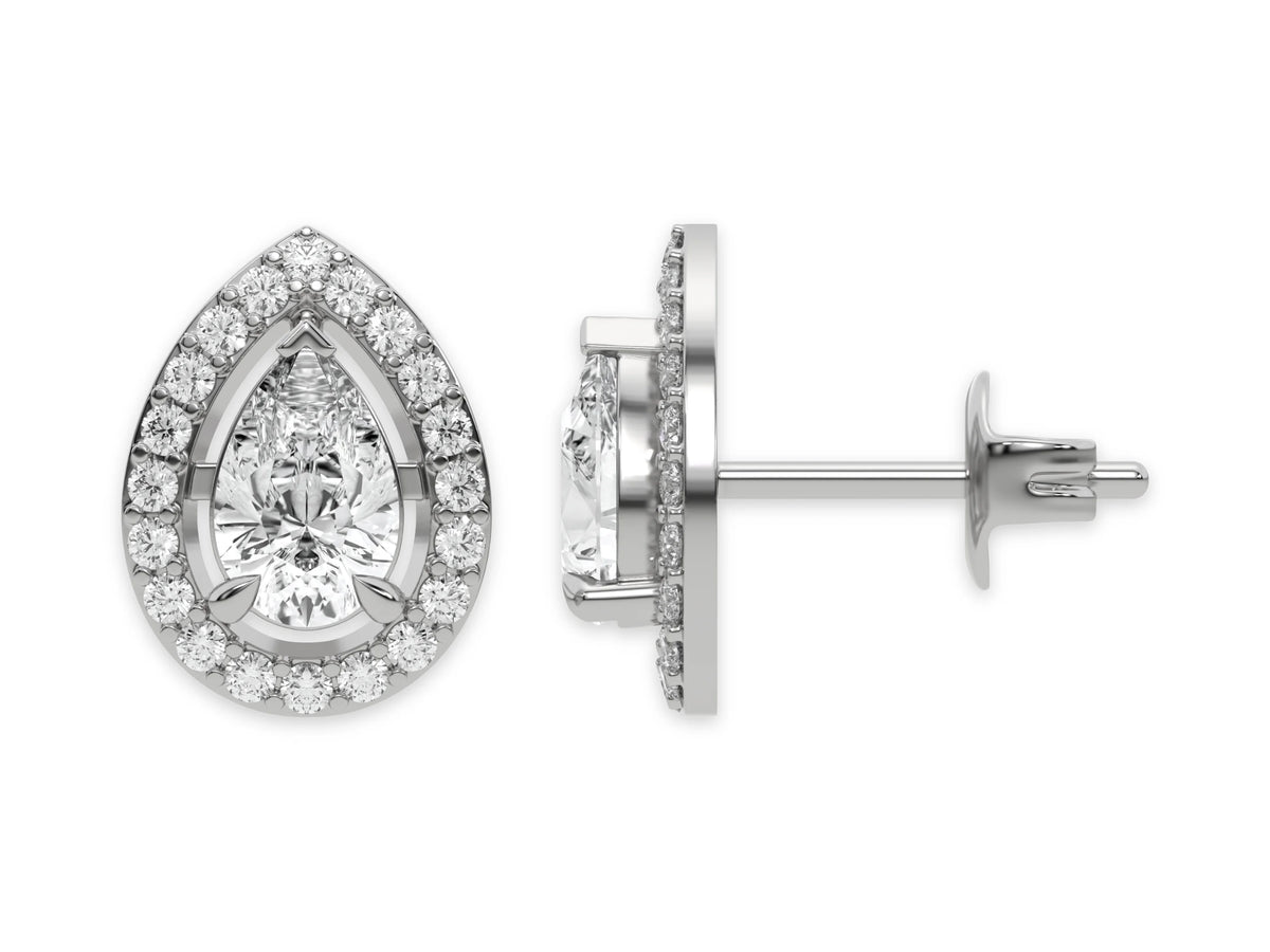 10k white gold Pear shaped Diamond Halo solitaire Earrings set in a four prong setting