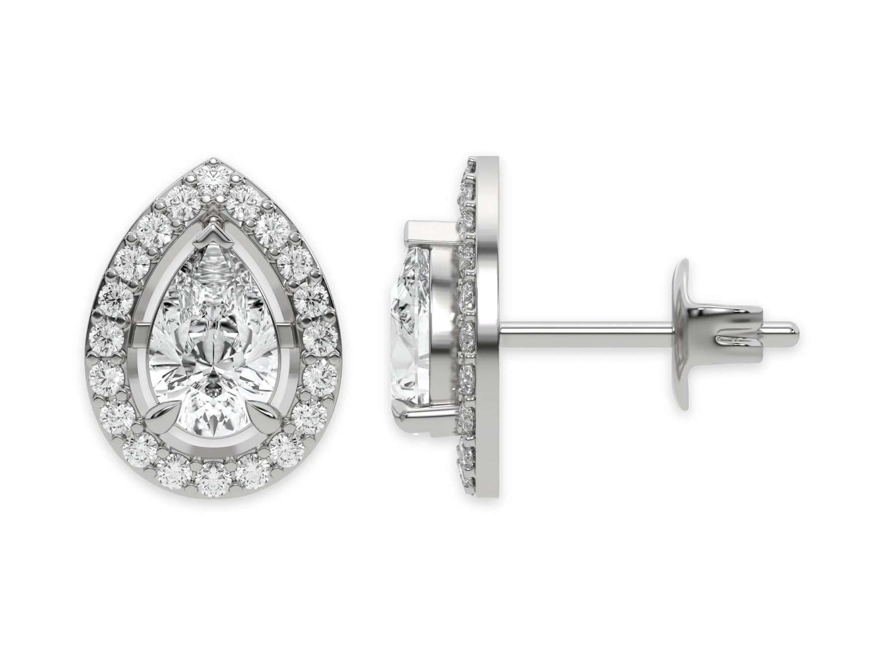 10k white gold Pear shaped Diamond Halo solitaire Earrings set in a four prong setting