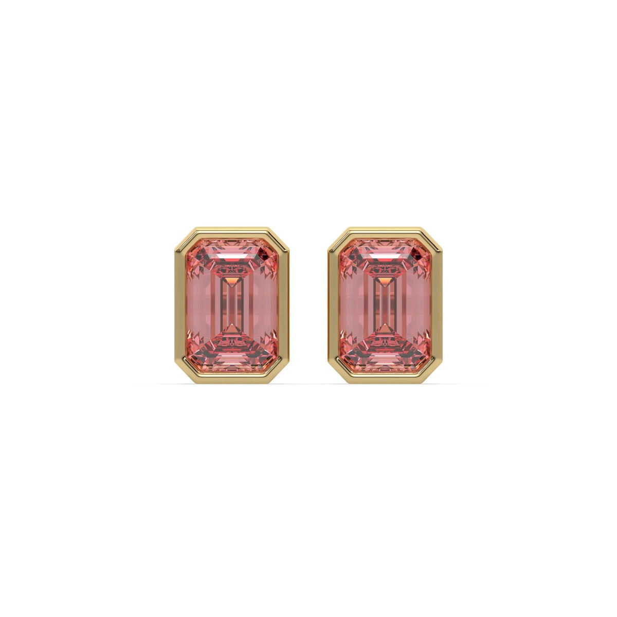 14K yellow gold fancy pink emerald diamond solitaire earrings in bezel