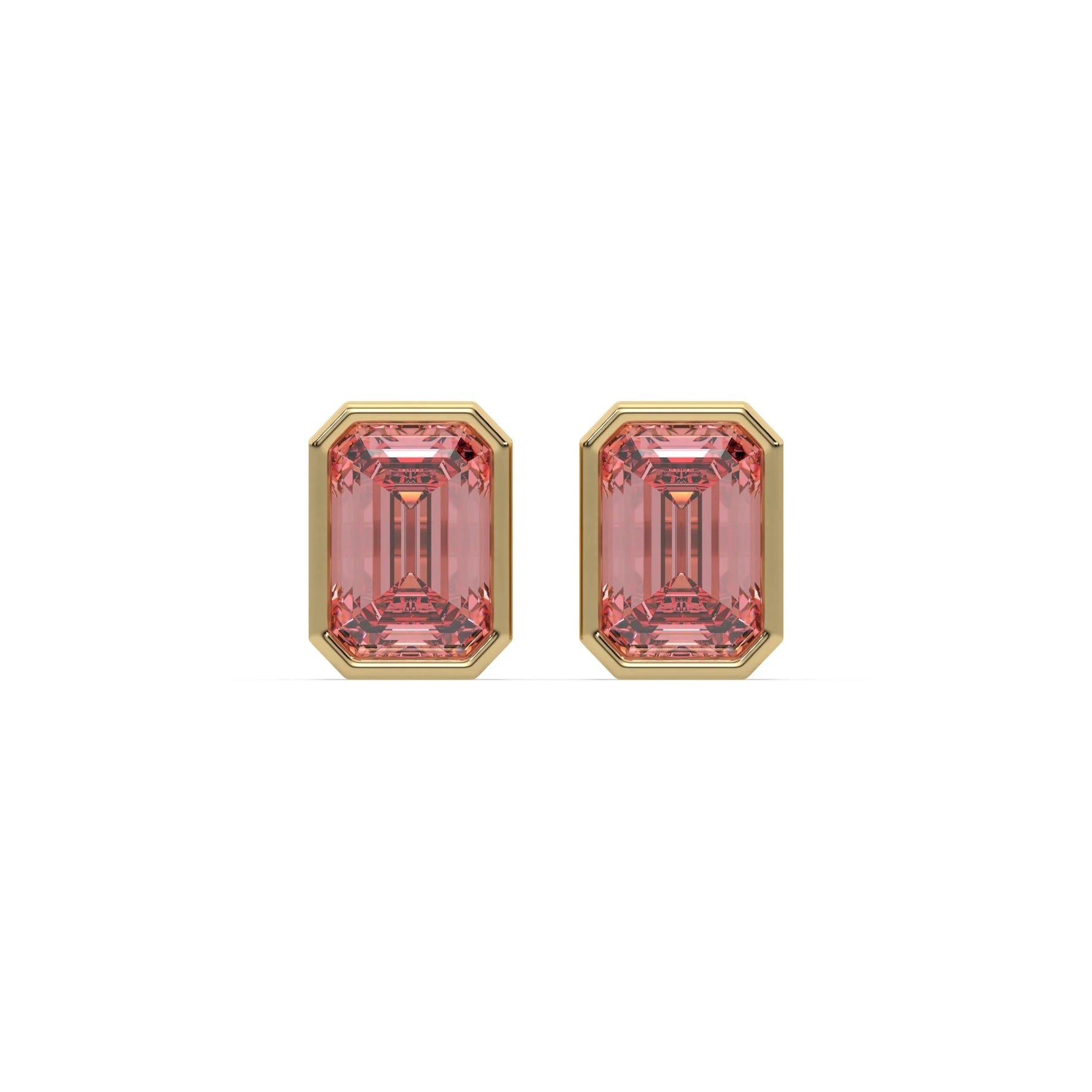 14K yellow gold fancy pink emerald diamond solitaire earrings in bezel