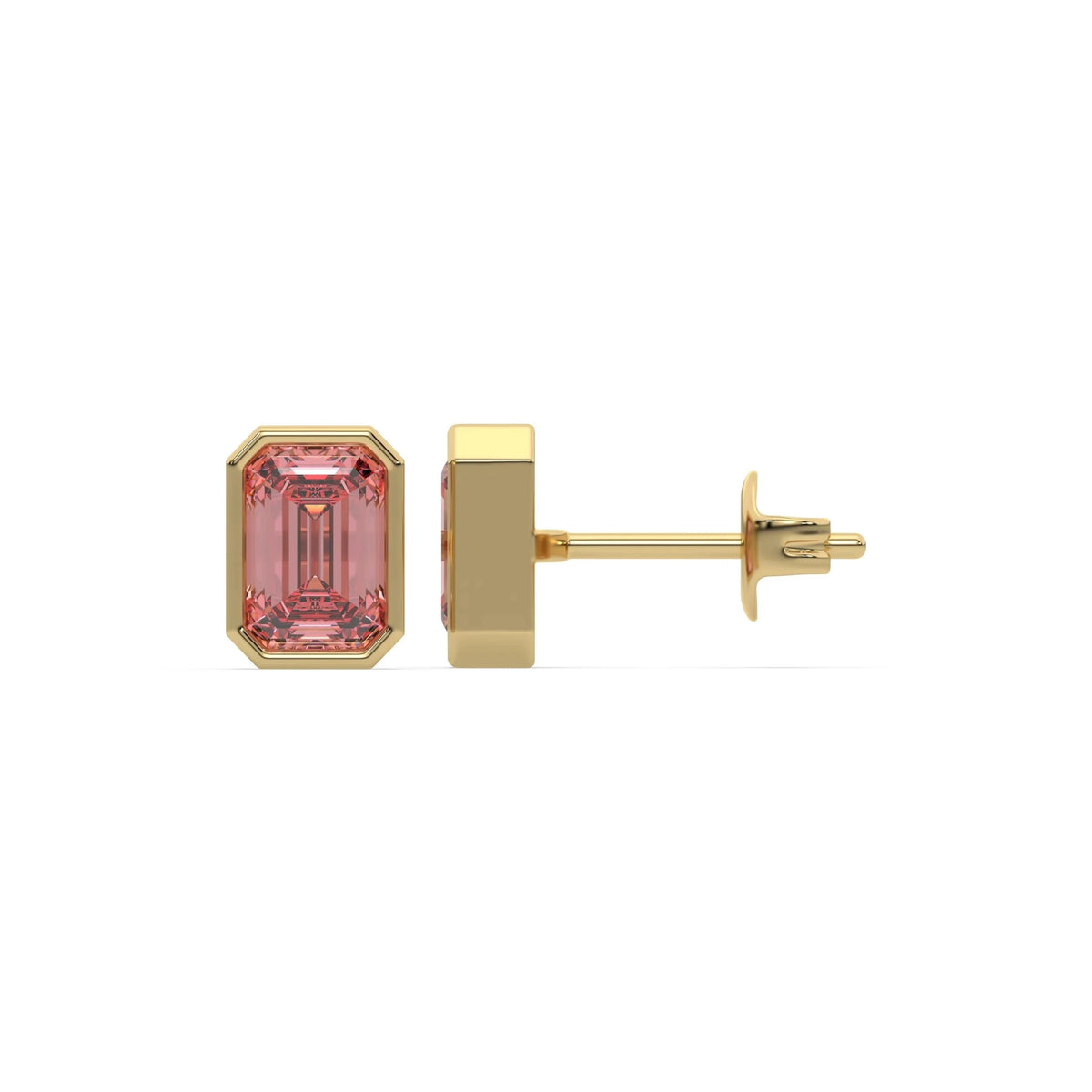 18K yellow gold fancy pink emerald diamond solitaire earrings in bezel