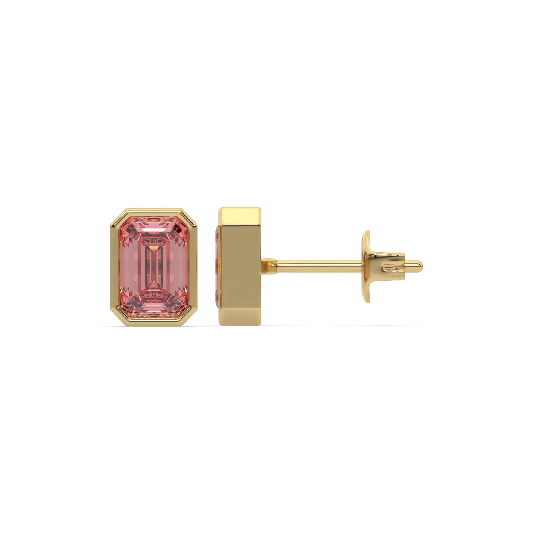 18K yellow gold fancy pink emerald diamond solitaire earrings in bezel
