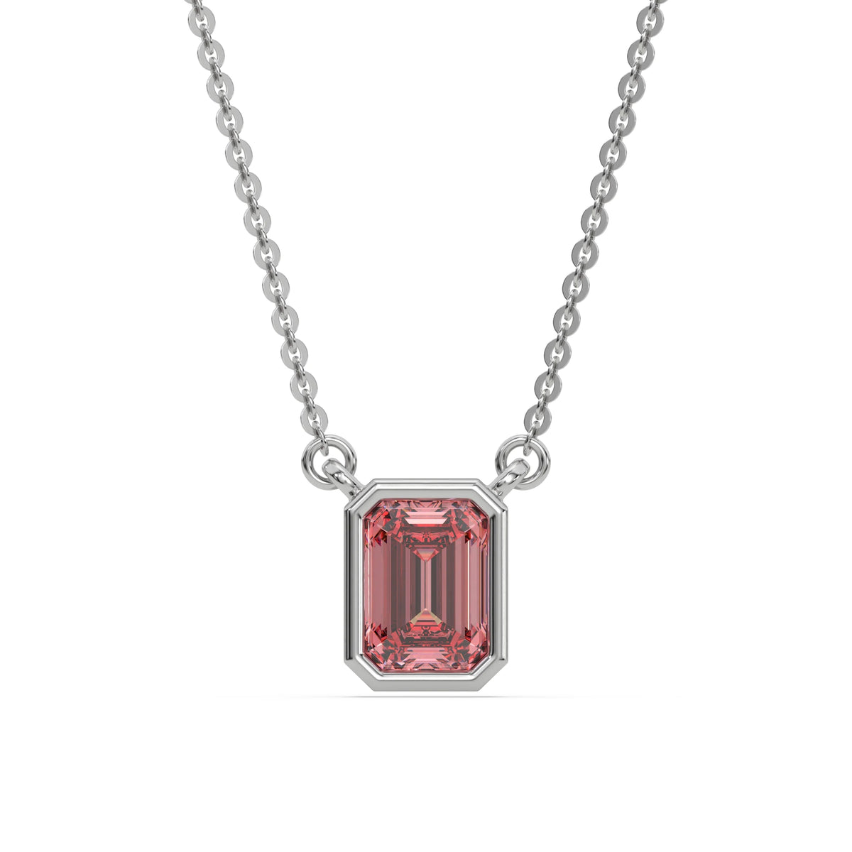 14K White Gold Fancy Pink Emerald Solitaire Diamond Necklace