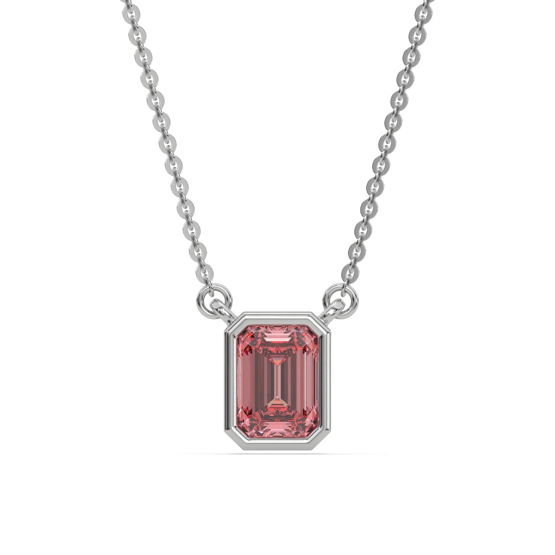 14K White Gold Fancy Pink Emerald Solitaire Diamond Necklace