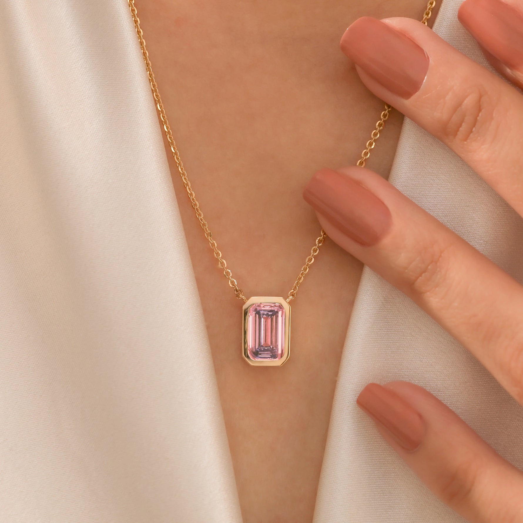 Pink Emerald Diamond Bezel Set Necklace