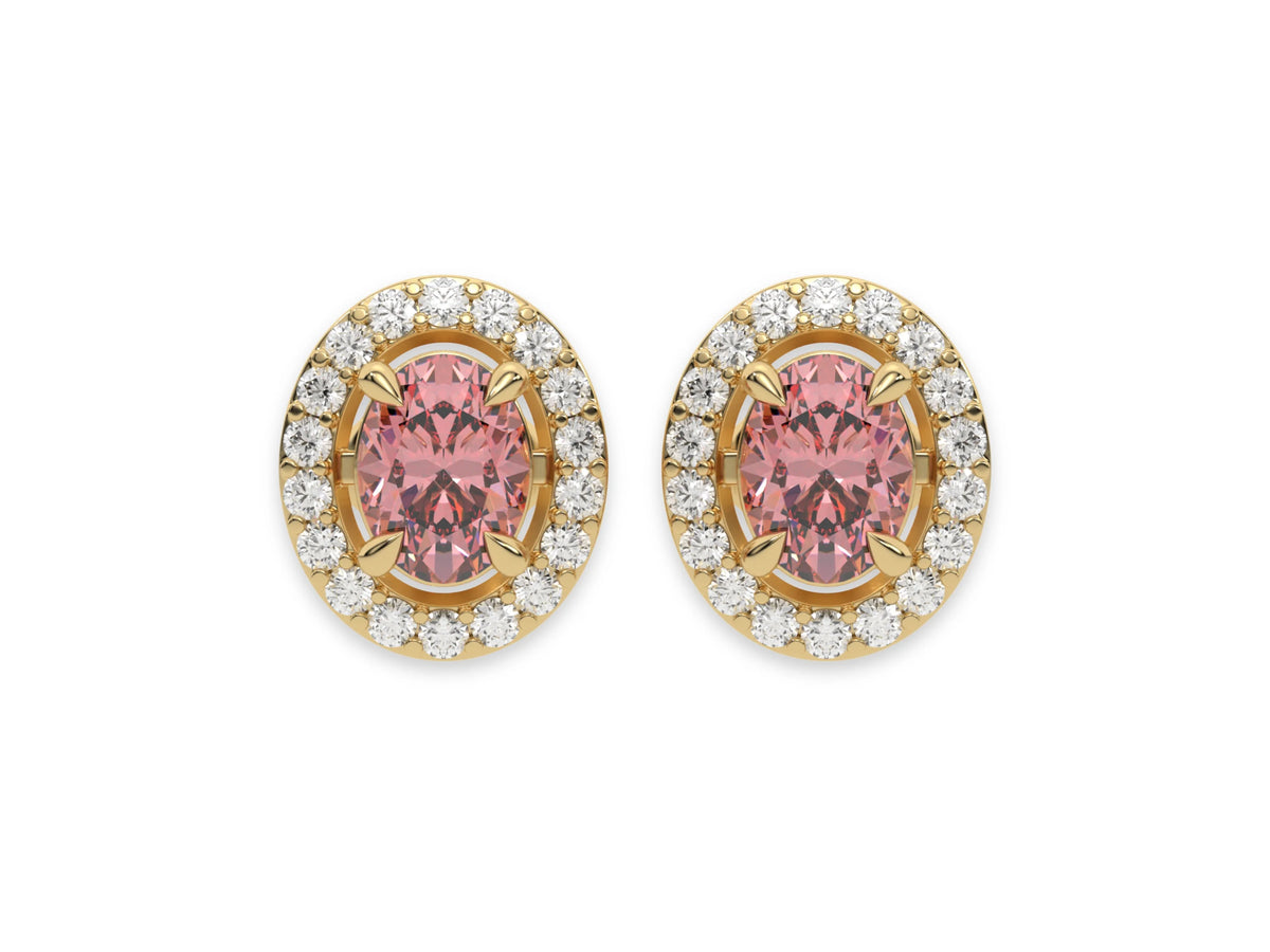 18k yellow gold Oval Diamond Halo Earrings made with an fancy pink oval cut solitaire diamonds set in a four prong setting