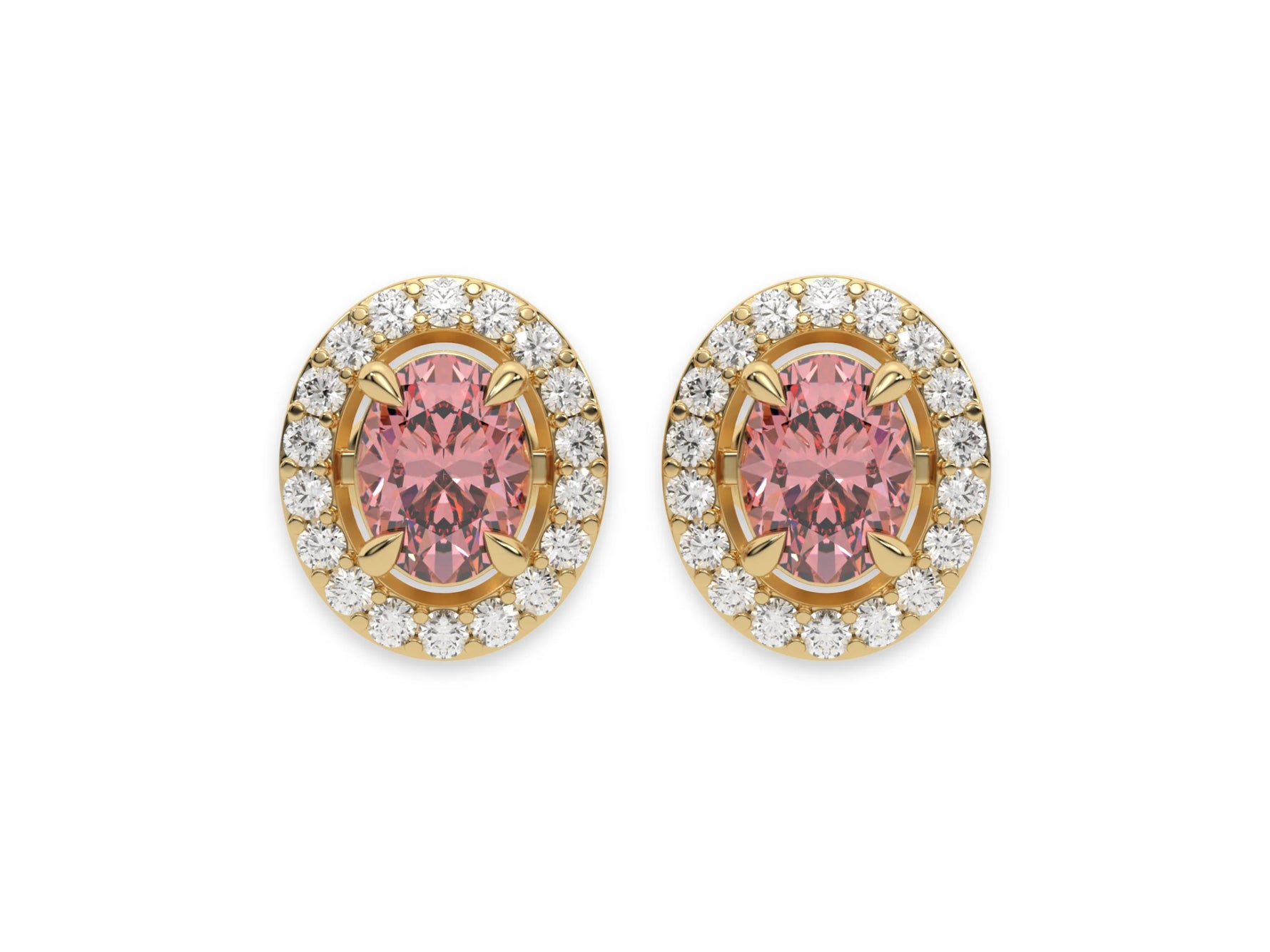 18k yellow gold Oval Diamond Halo Earrings made with an fancy pink oval cut solitaire diamonds set in a four prong setting
