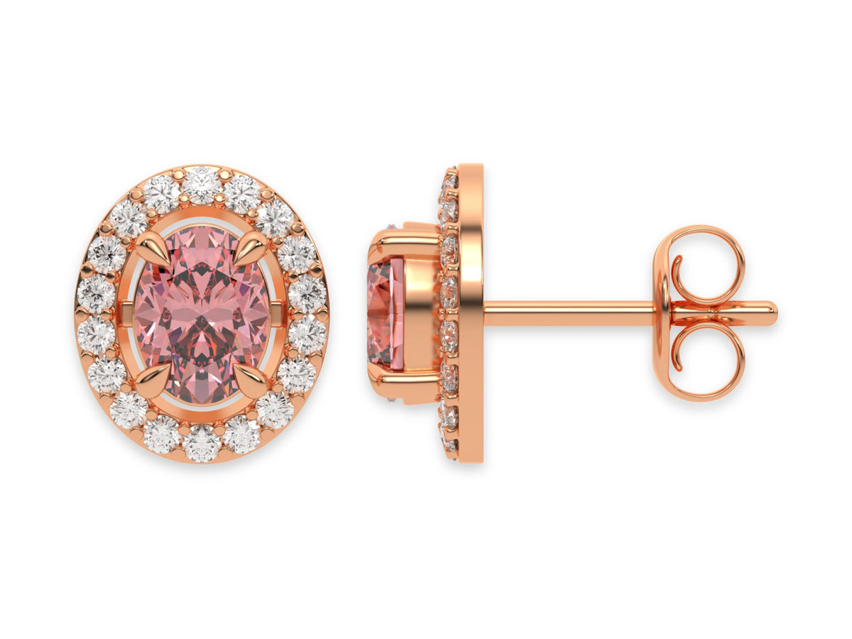 18k rose gold Oval Diamond Halo Earrings made with an fancy pink oval cut solitaire diamonds set in a four prong setting