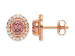 18k rose gold Oval Diamond Halo Earrings made with an fancy pink oval cut solitaire diamonds set in a four prong setting