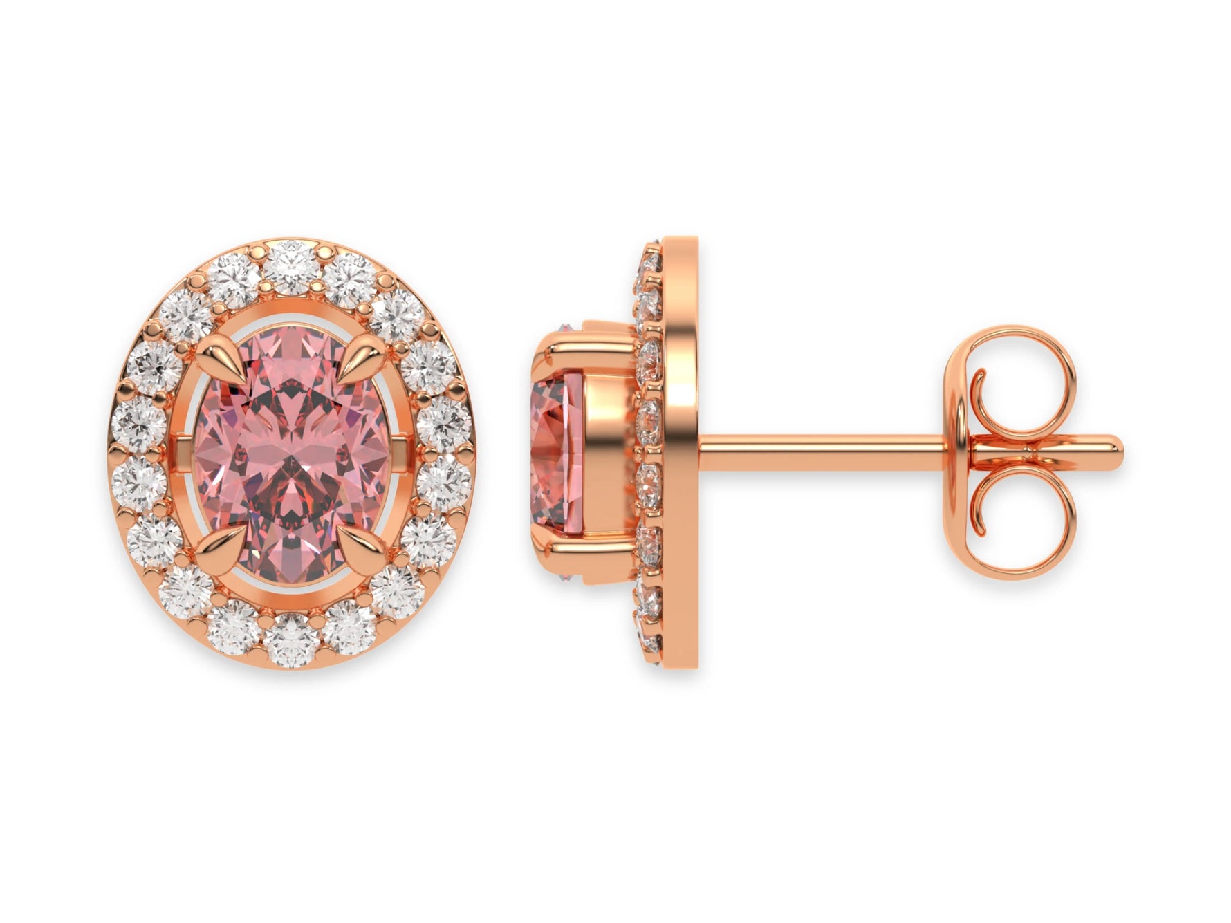 18k rose gold Oval Diamond Halo Earrings made with an fancy pink oval cut solitaire diamonds set in a four prong setting