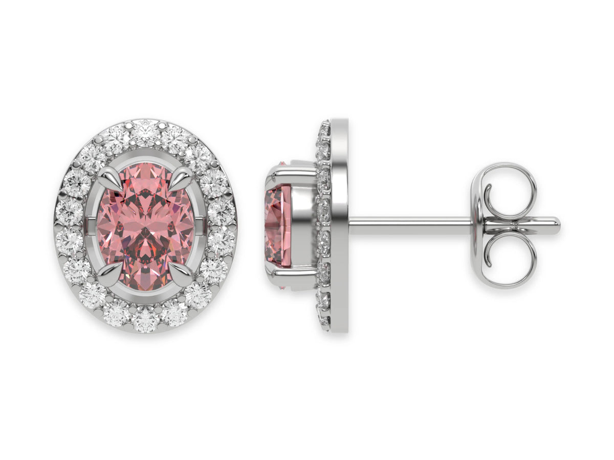 10k white gold Oval Diamond Halo Earrings made with an fancy pink oval cut solitaire diamonds set in a four prong setting