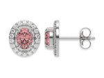 10k white gold Oval Diamond Halo Earrings made with an fancy pink oval cut solitaire diamonds set in a four prong setting